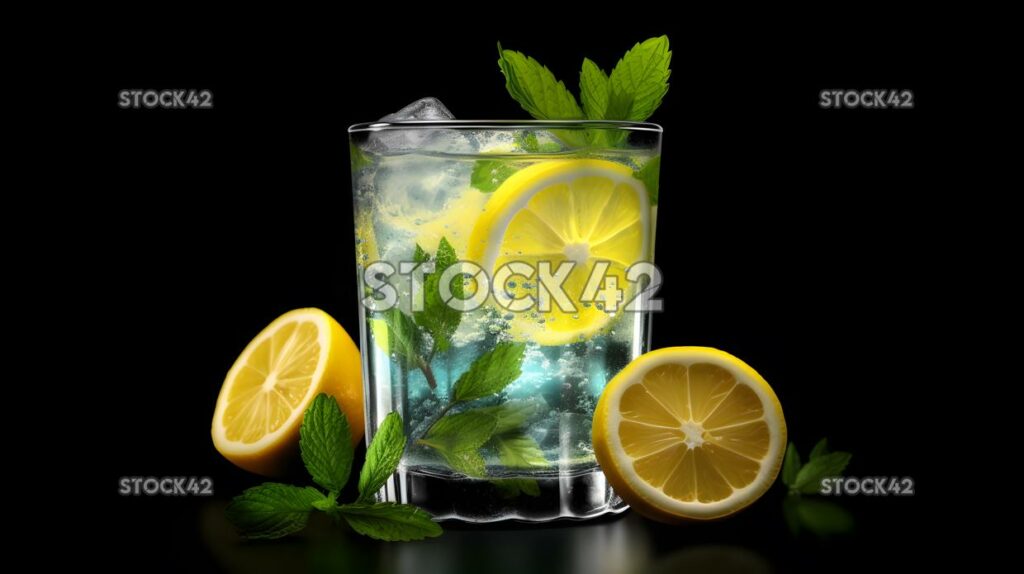 A refreshing glass of lemonade with sliced lemons and min one