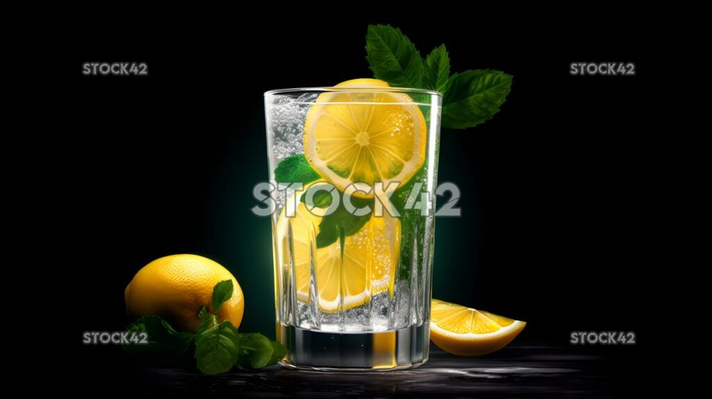 A refreshing glass of lemonade with sliced lemons and min three