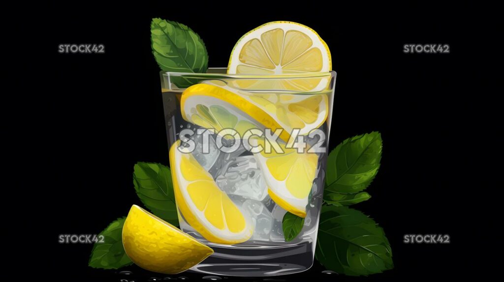 A refreshing glass of lemonade with sliced lemons and min two