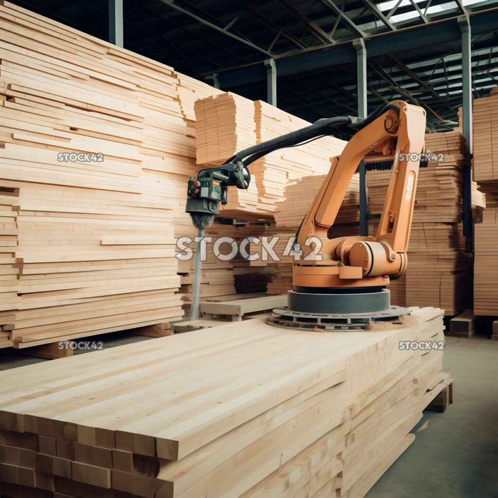 A robotic arm lifting and stacking wooden planks in a saw