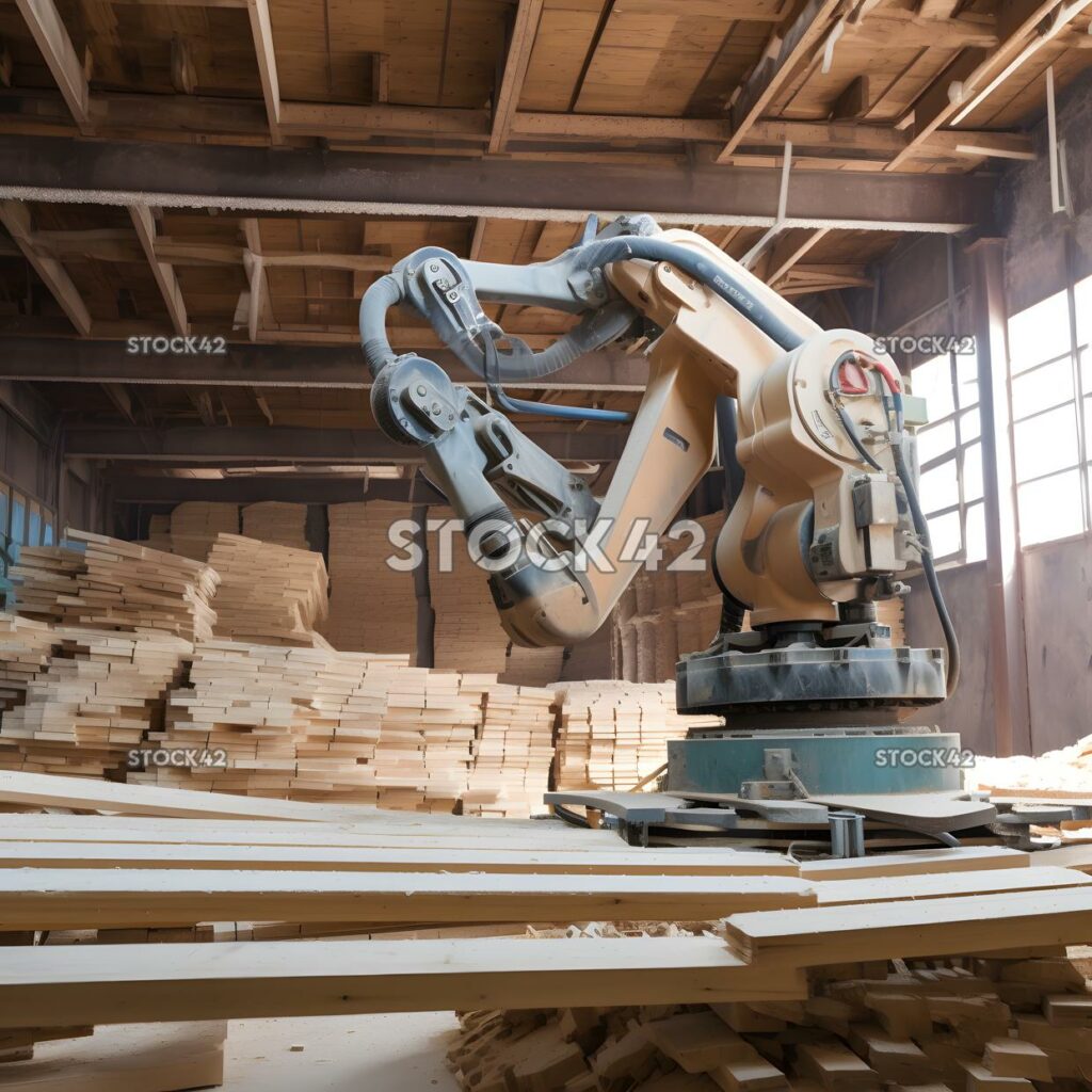 A robotic arm lifting and stacking wooden planks in a saw one