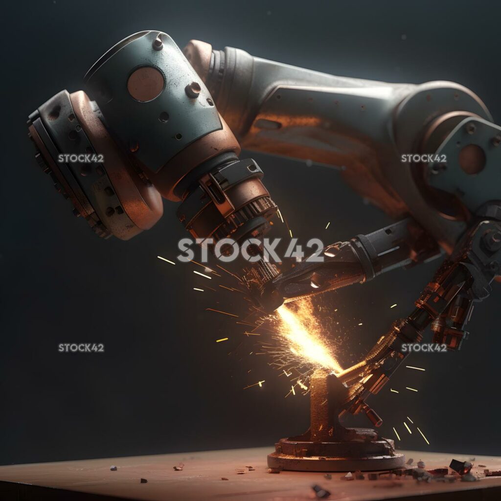 A robotic arm welding together two pieces of metal cinema