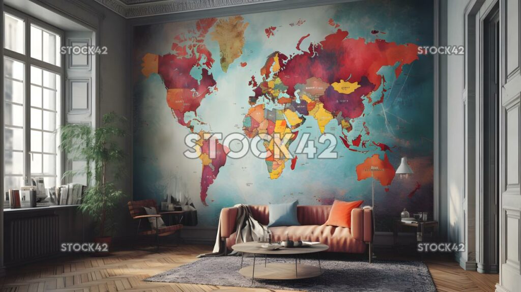 A room with a large colorful map of the world hanging on  one