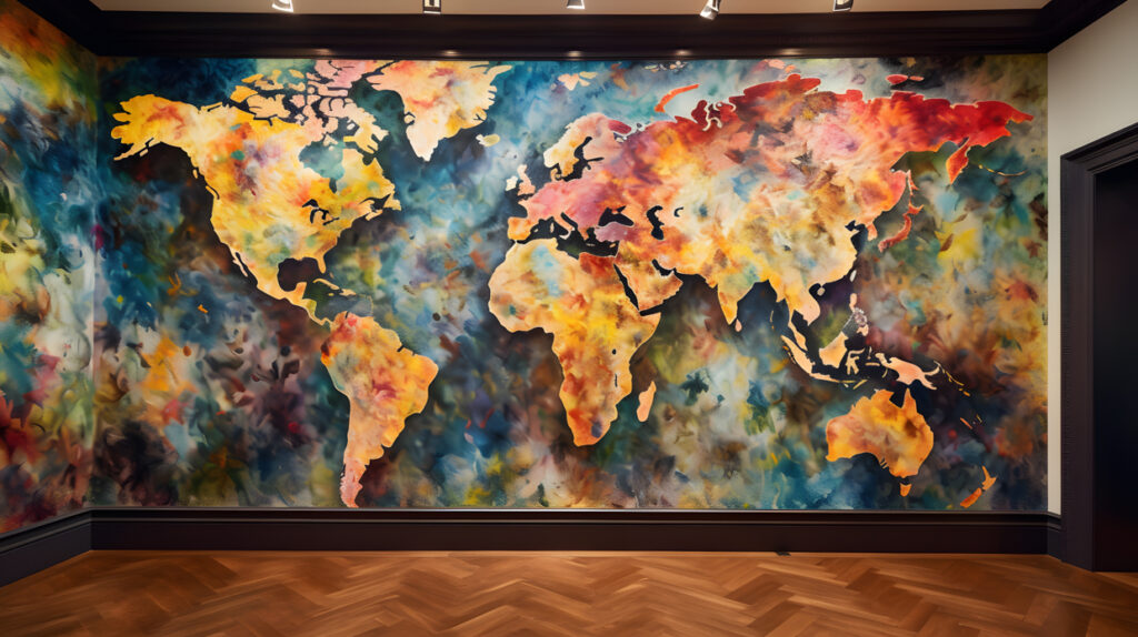 A room with a large colorful map of the world hanging on  three