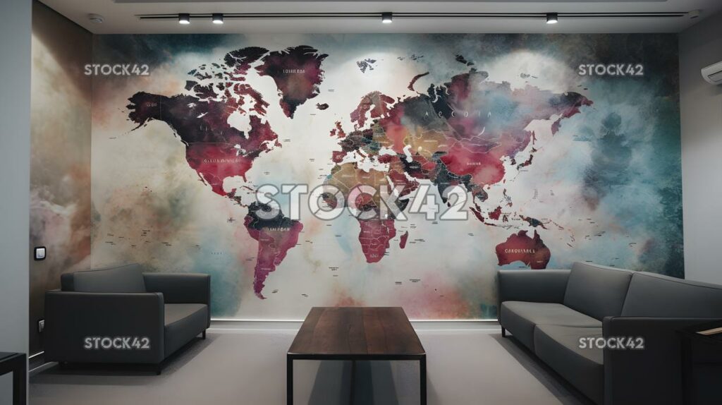 A room with a large colorful map of the world hanging on  two