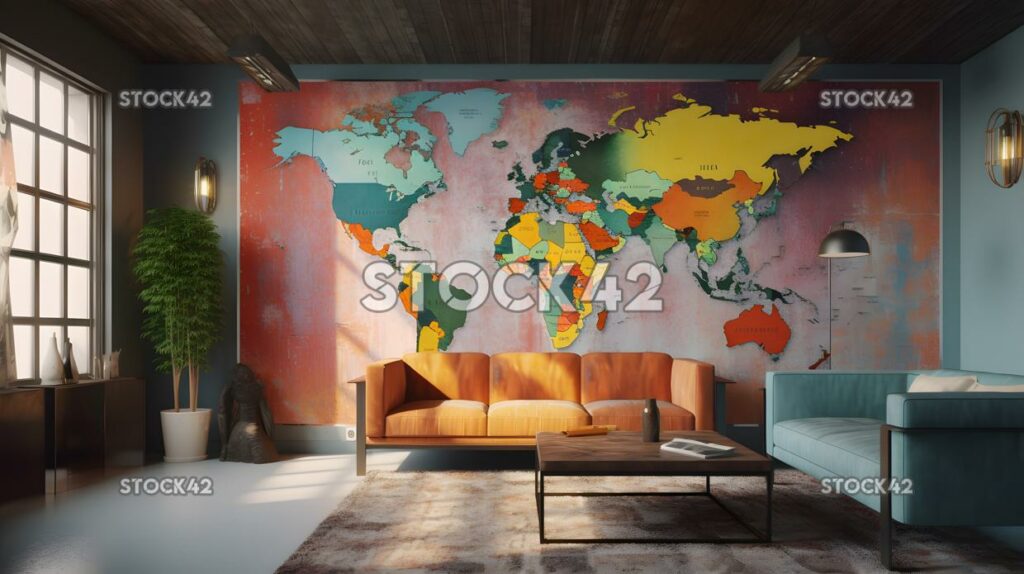 A room with a large colorful map of the world hanging on_