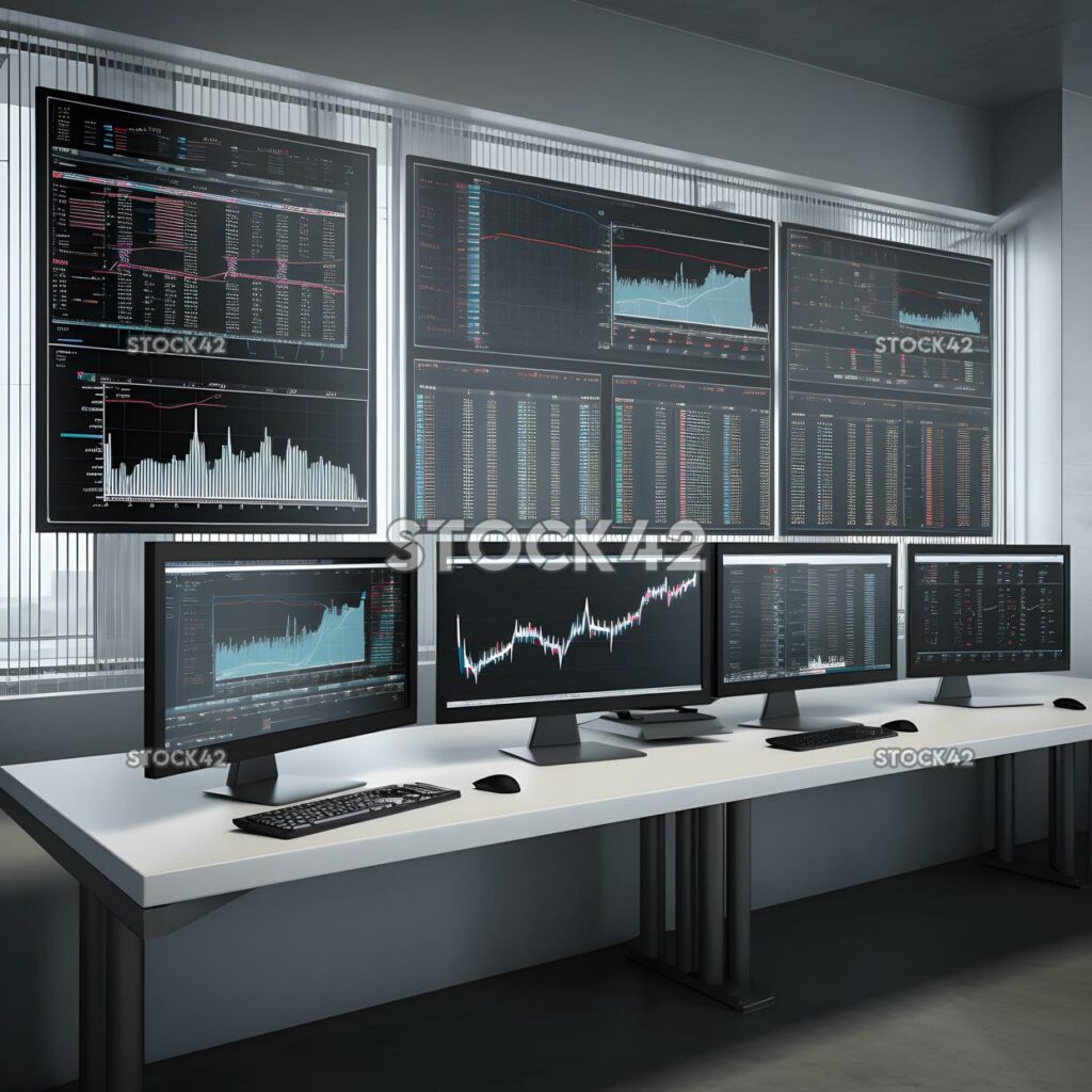 A row of computers with multiple monitors showing graphs  one