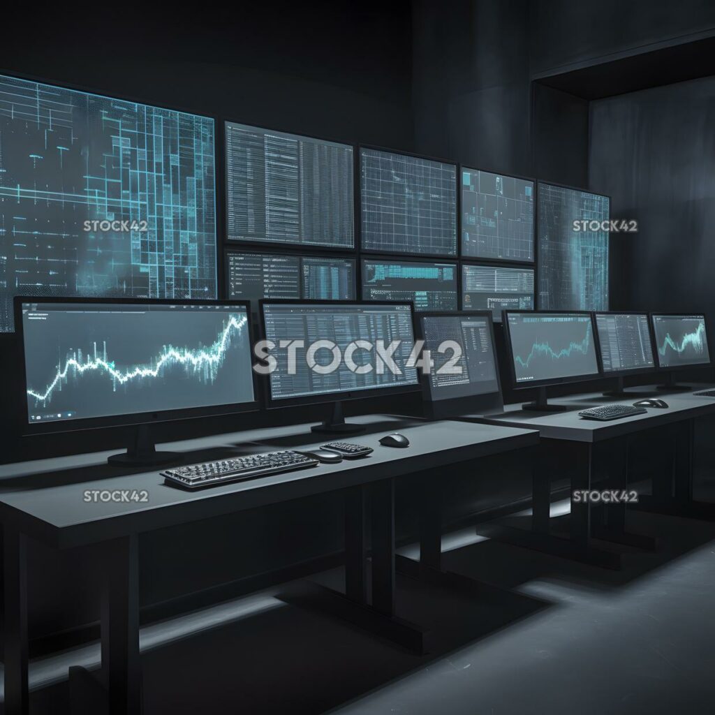 Eine Reihe von Computern mit mehreren Monitoren, die Diagramme zwei