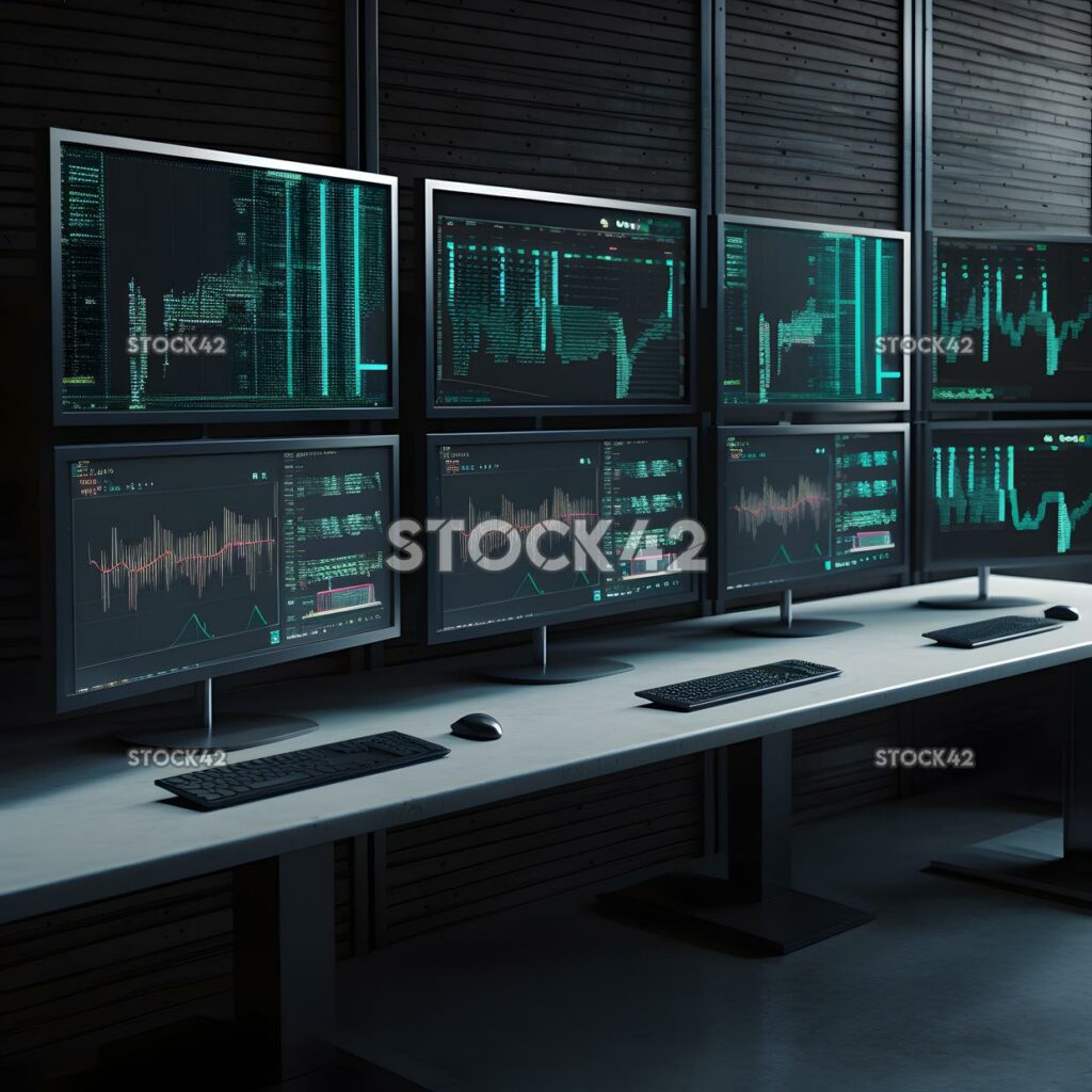 A row of computers with multiple monitors showing graphs_