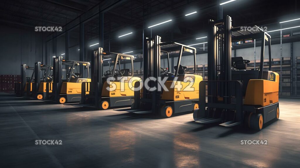 A row of forklifts parked in a warehouse Hyper-realistic