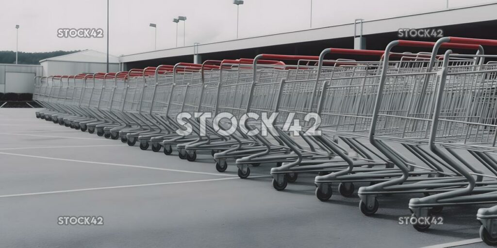 Eine Reihe von Einkaufswagen auf einem Parkplatz vor einem Supermarkt