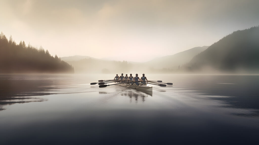 Un equipo de remo remando al unísono perfecto en un tranquilo lago H