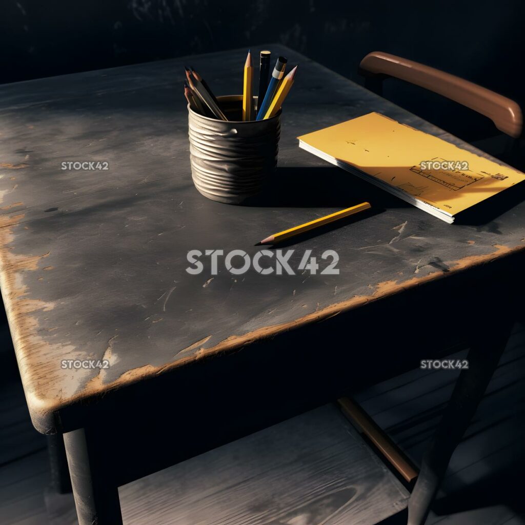 A school desk with a notebook and pencil on top Hyper-rea