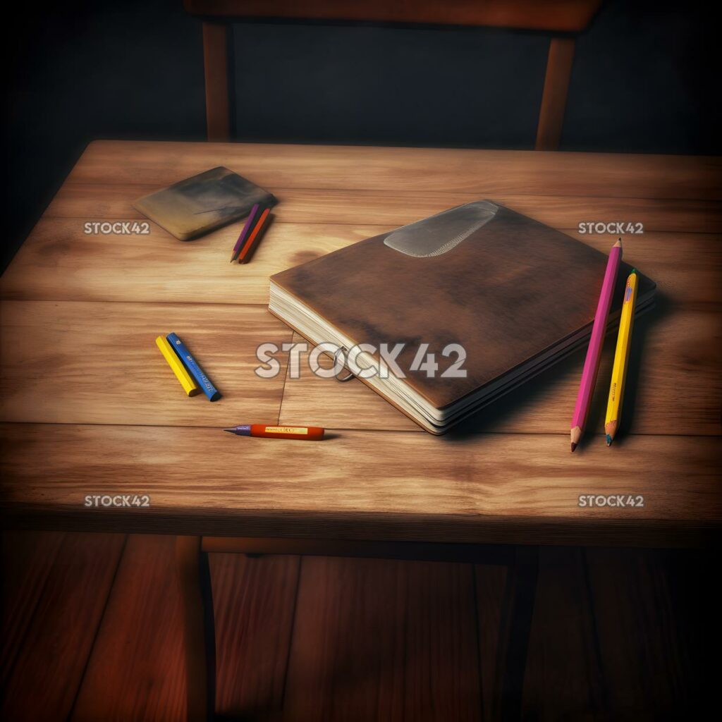 A school desk with a notebook and pencil on top Hyper-rea one