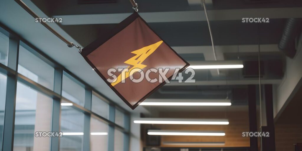 A school flag hanging from the ceiling dynamic lightning