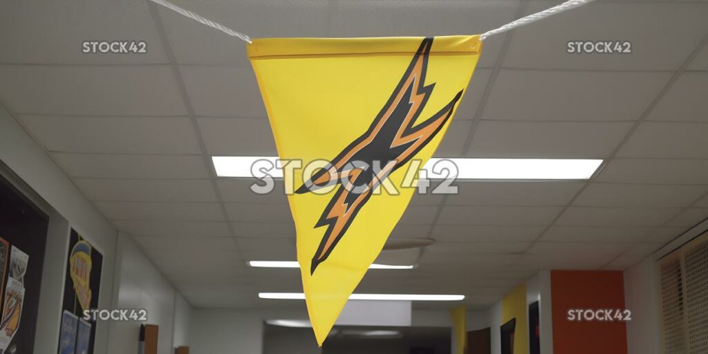 A school flag hanging from the ceiling dynamic lightning one