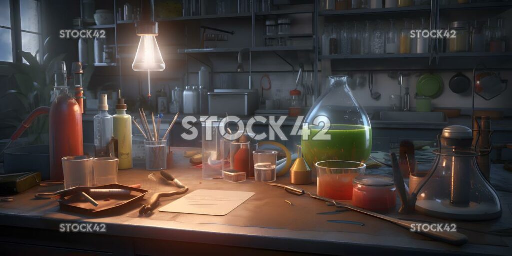 A science experiment set up on a lab table with various b