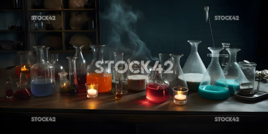 A science experiment set up on a lab table with various b five