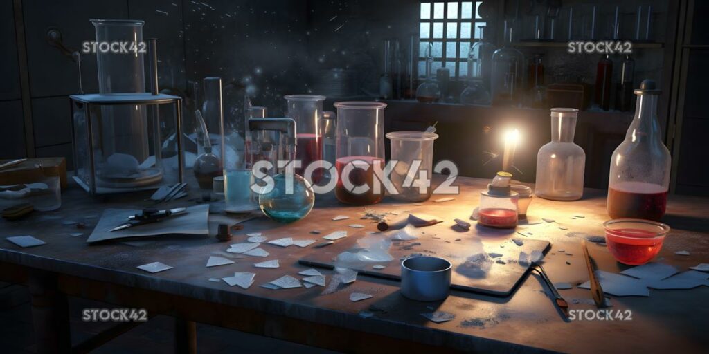 A science experiment set up on a lab table with various b seven