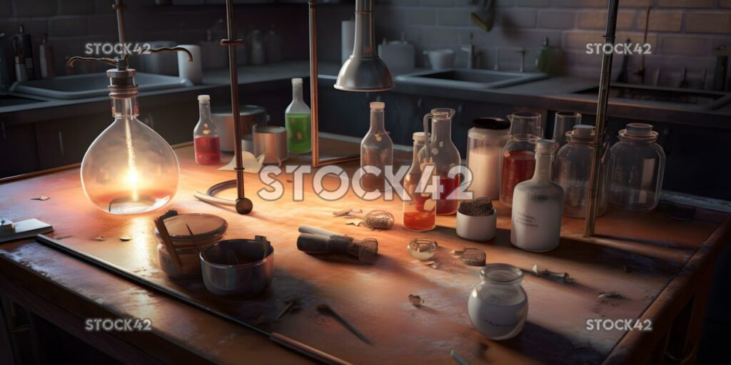 A science experiment set up on a lab table with various b three