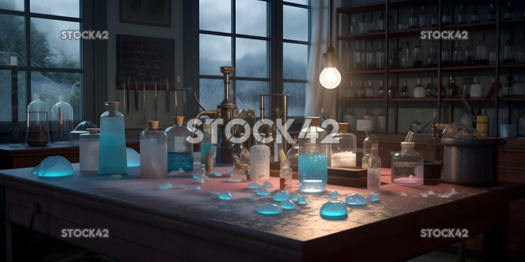 A science experiment set up on a lab table with various b two