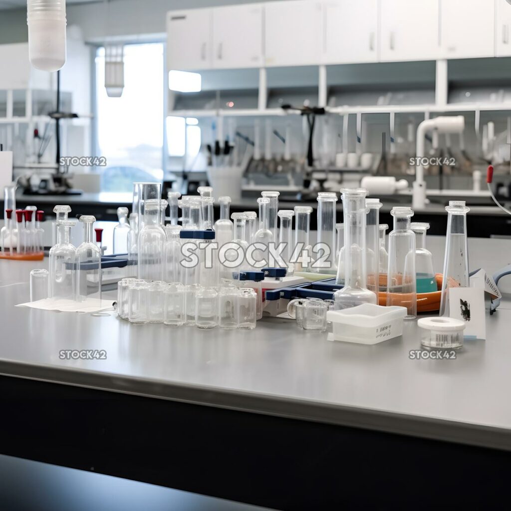 Un laboratorio de ciencias con vasos de precipitados y tubos de ensayo en un banco de laboratorio