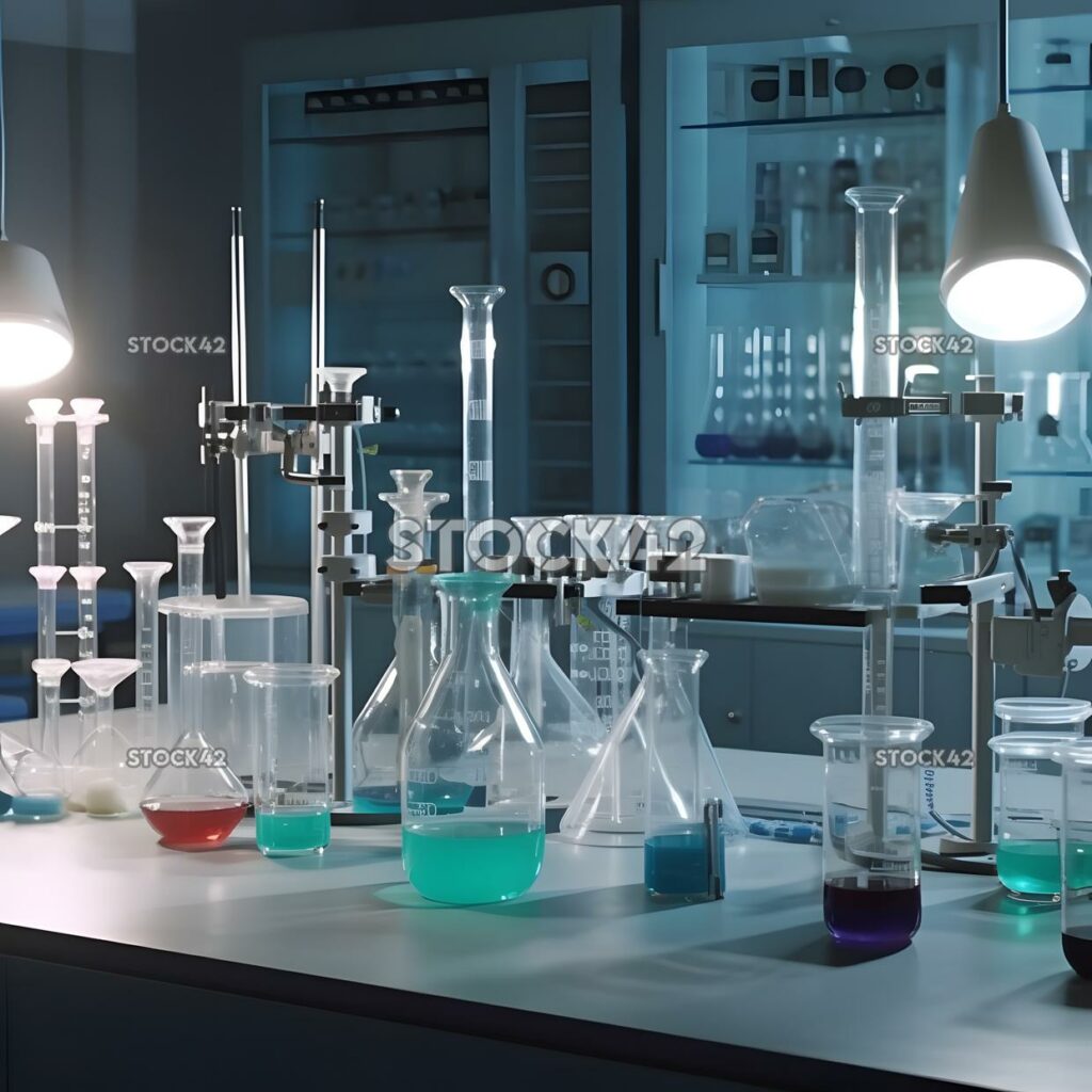 A science lab with beakers and test tubes on a lab bench two