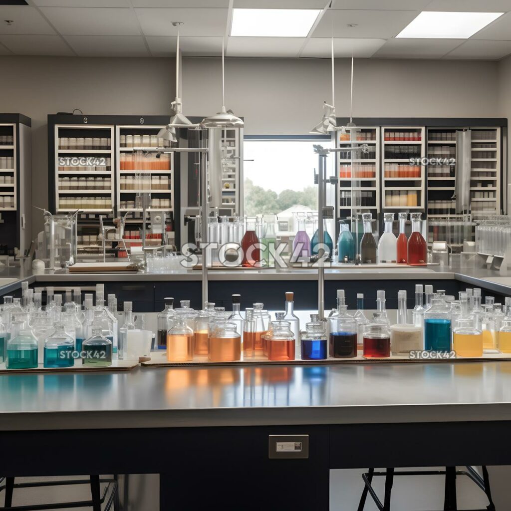 A science laboratory filled with beakers test tubes and o