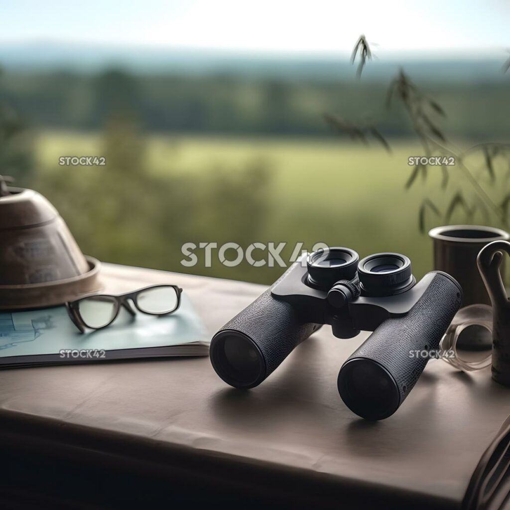 Un conjunto de binoculares en una mesa de estudio de la naturaleza cinematográfica