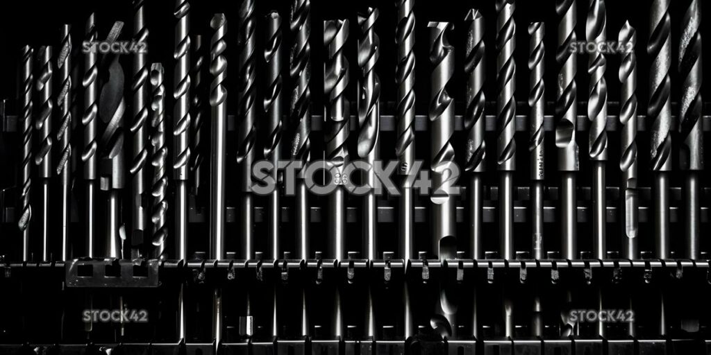 A set of drill bits of different sizes arranged on a rack