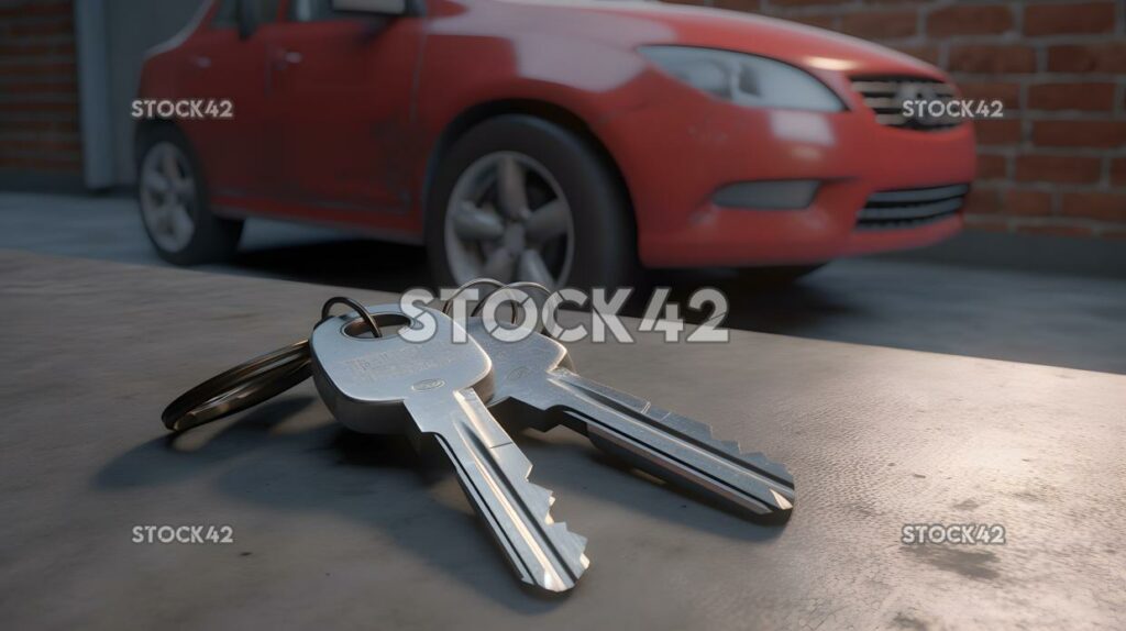 A set of keys next to a company car parked in a garage Hy