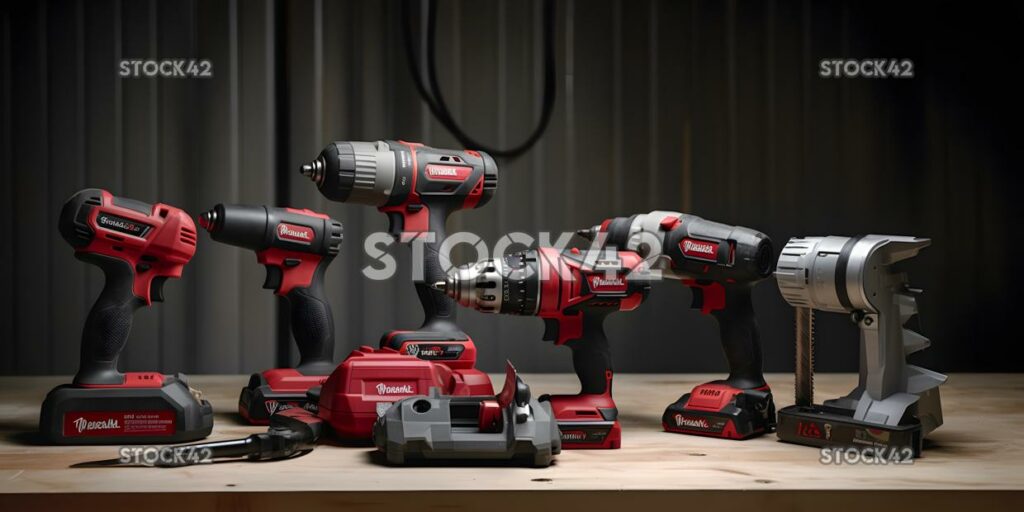 A set of power tools including drills saws and sanders on