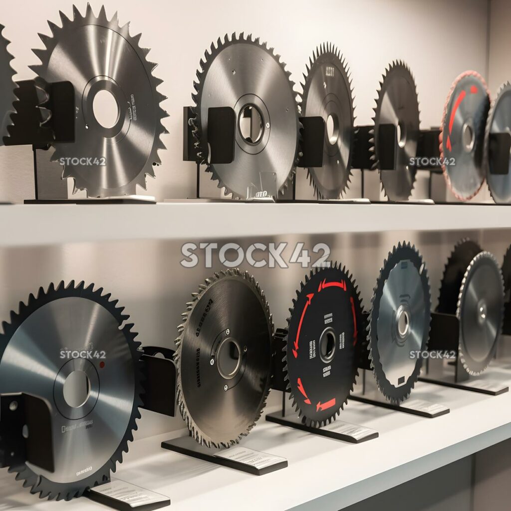 A set of saw blades arranged in different sizes on a shel