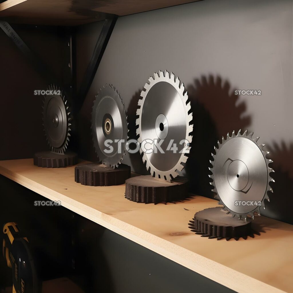 A set of saw blades arranged in different sizes on a shel one