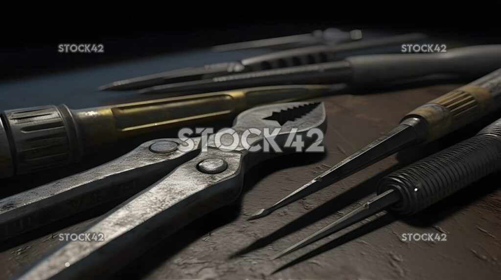 A set of screwdrivers and pliers arranged on a workbench_