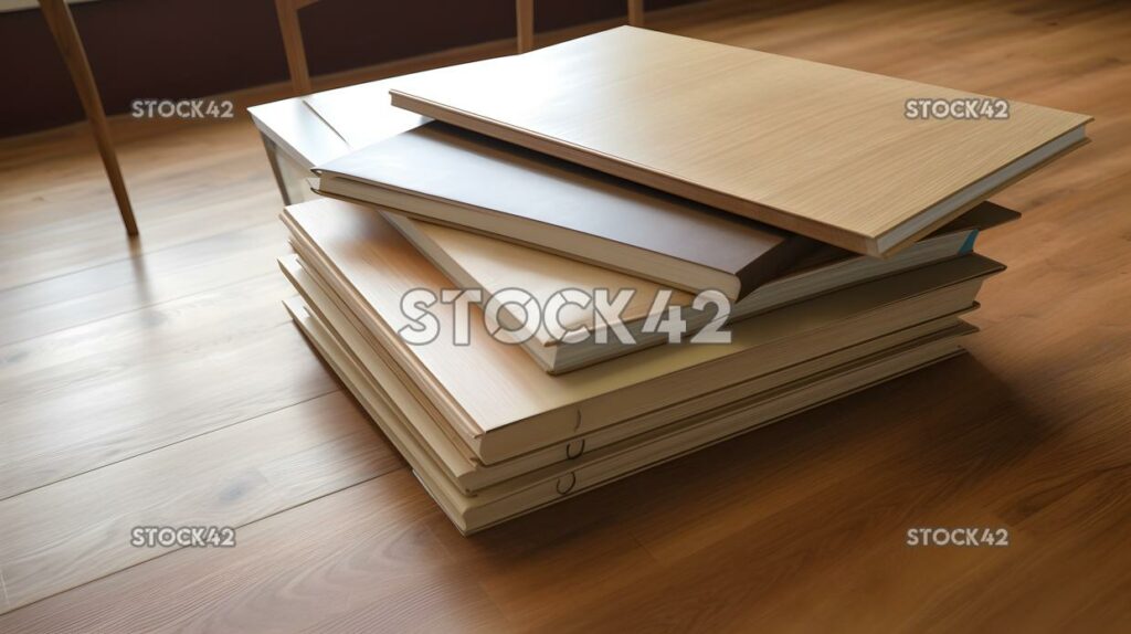 A set of textbooks on a wooden table