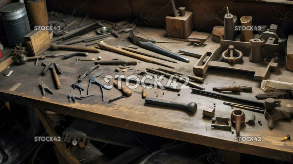 A set of tools and supplies laid out on a workbench in a  one