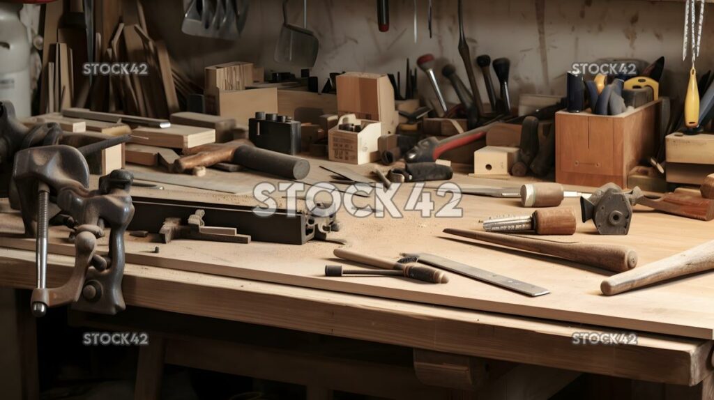 A set of tools and supplies laid out on a workbench in a_