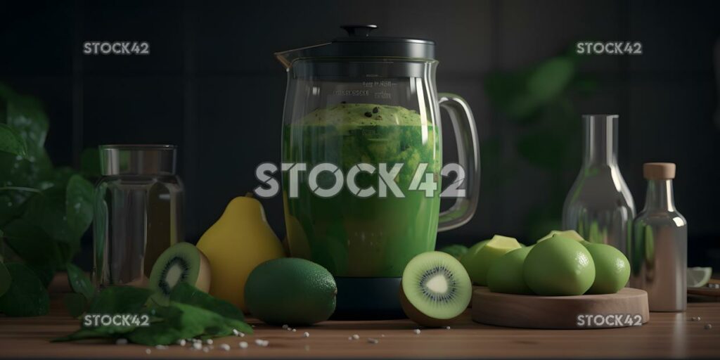 Ein Schuss Mixer mit Zutaten für einen grünen Smoothie