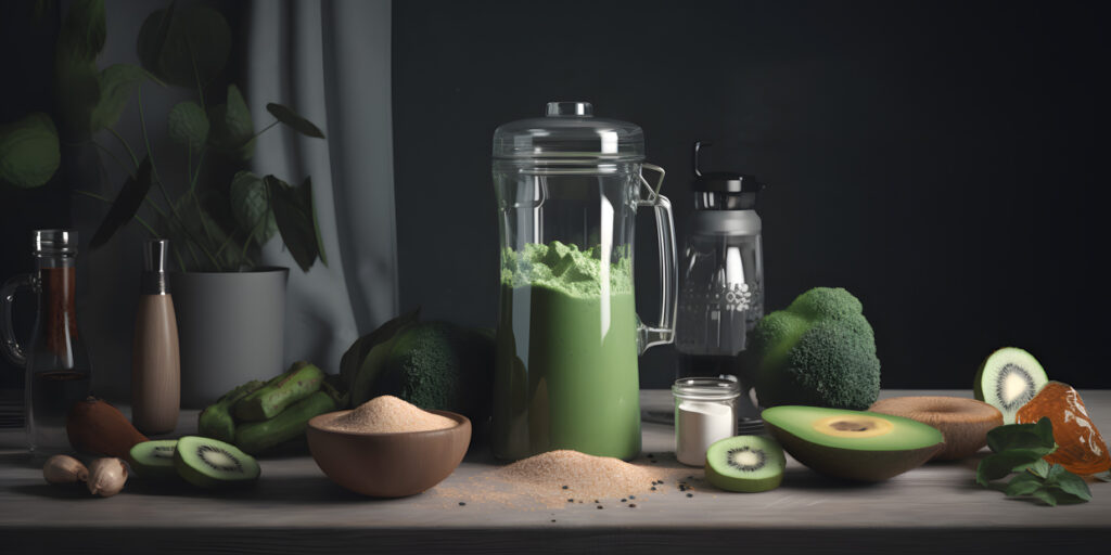 Un trago de una licuadora con ingredientes para un batido verde