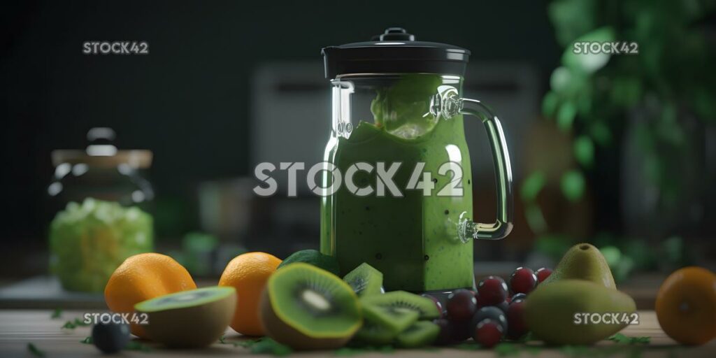 Un trago de una licuadora con ingredientes para un batido verde tres