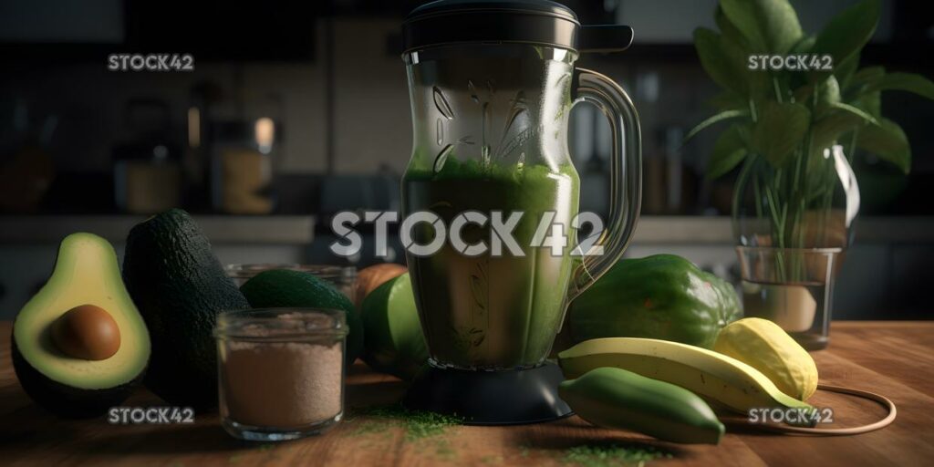 Un trago de una licuadora con ingredientes para un batido verde dos