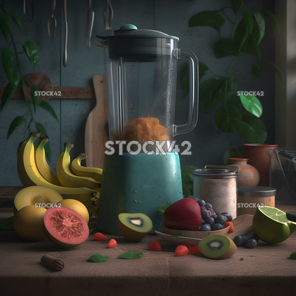 A shot of a blender with ingredients for a tropical smoot