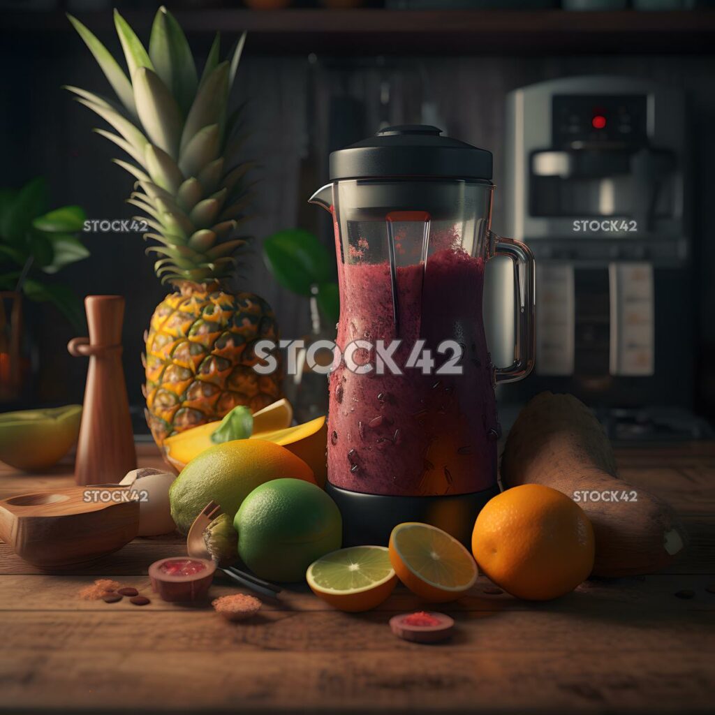 A shot of a blender with ingredients for a tropical smoot one