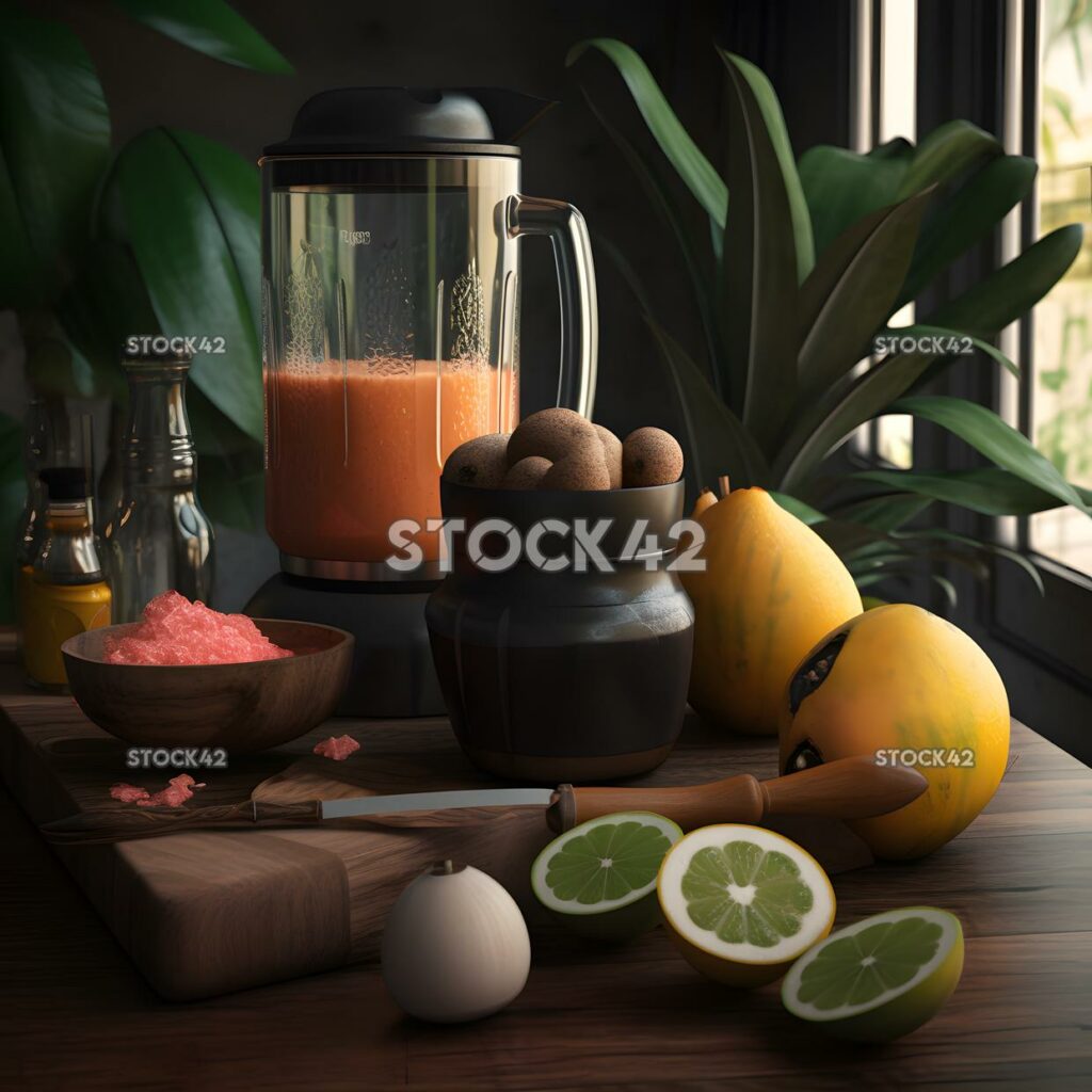 A shot of a blender with ingredients for a tropical smoot two