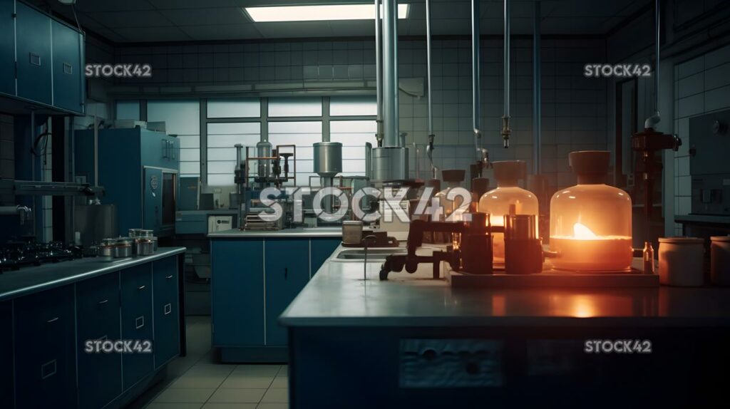 A shot of a university chemistry lab with a fume hood and three