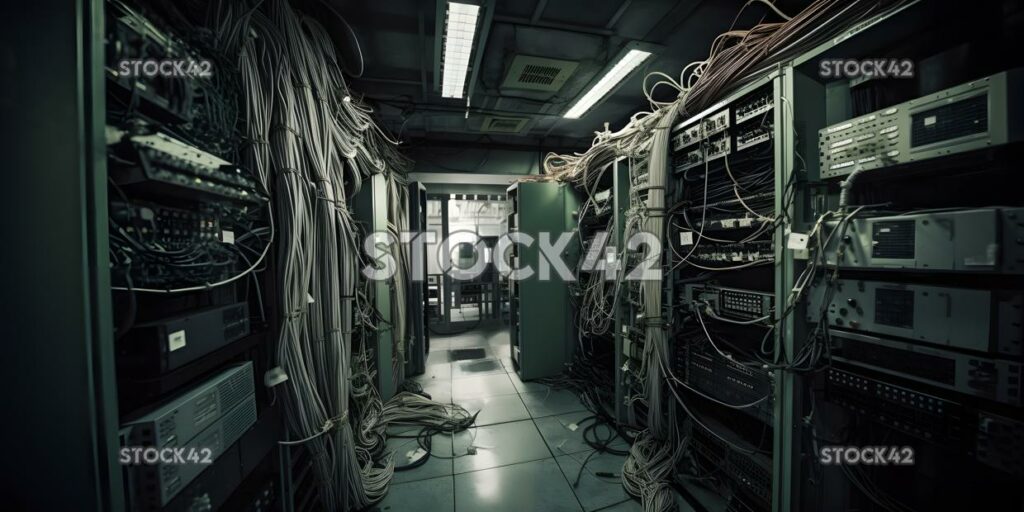 Una toma de una sala de servidores de computadoras de la universidad con filas de uno