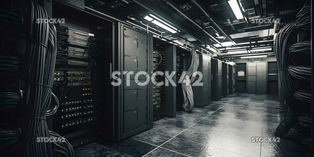 A shot of a university computer server room with rows of  two