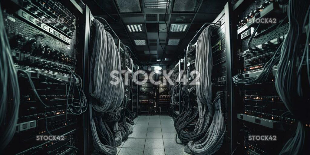 A shot of a university computer server room with rows of_