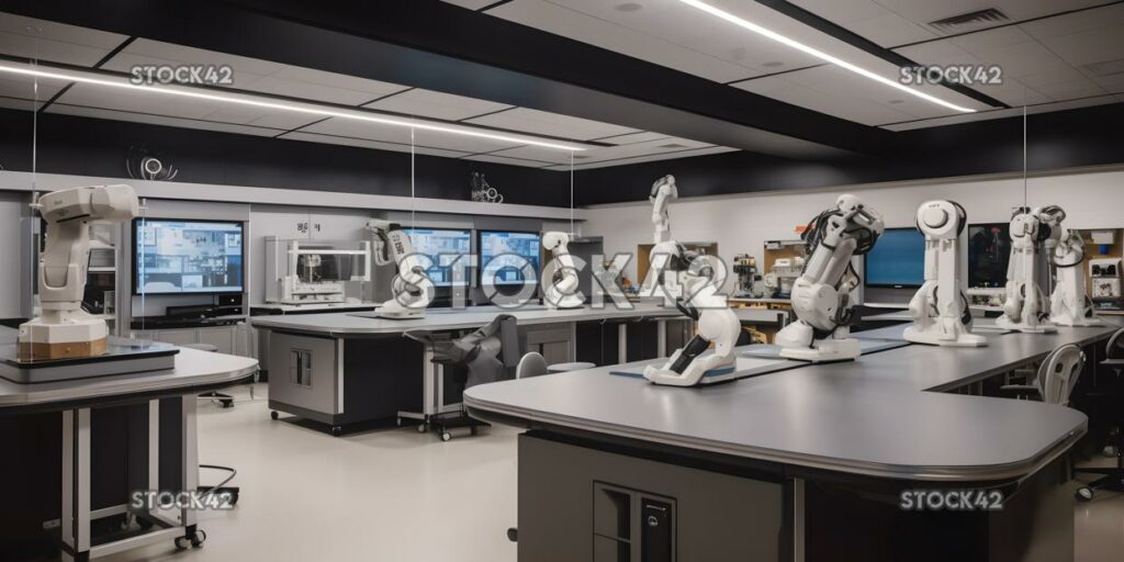 Una foto de un laboratorio de robótica universitario con un robot humanoide